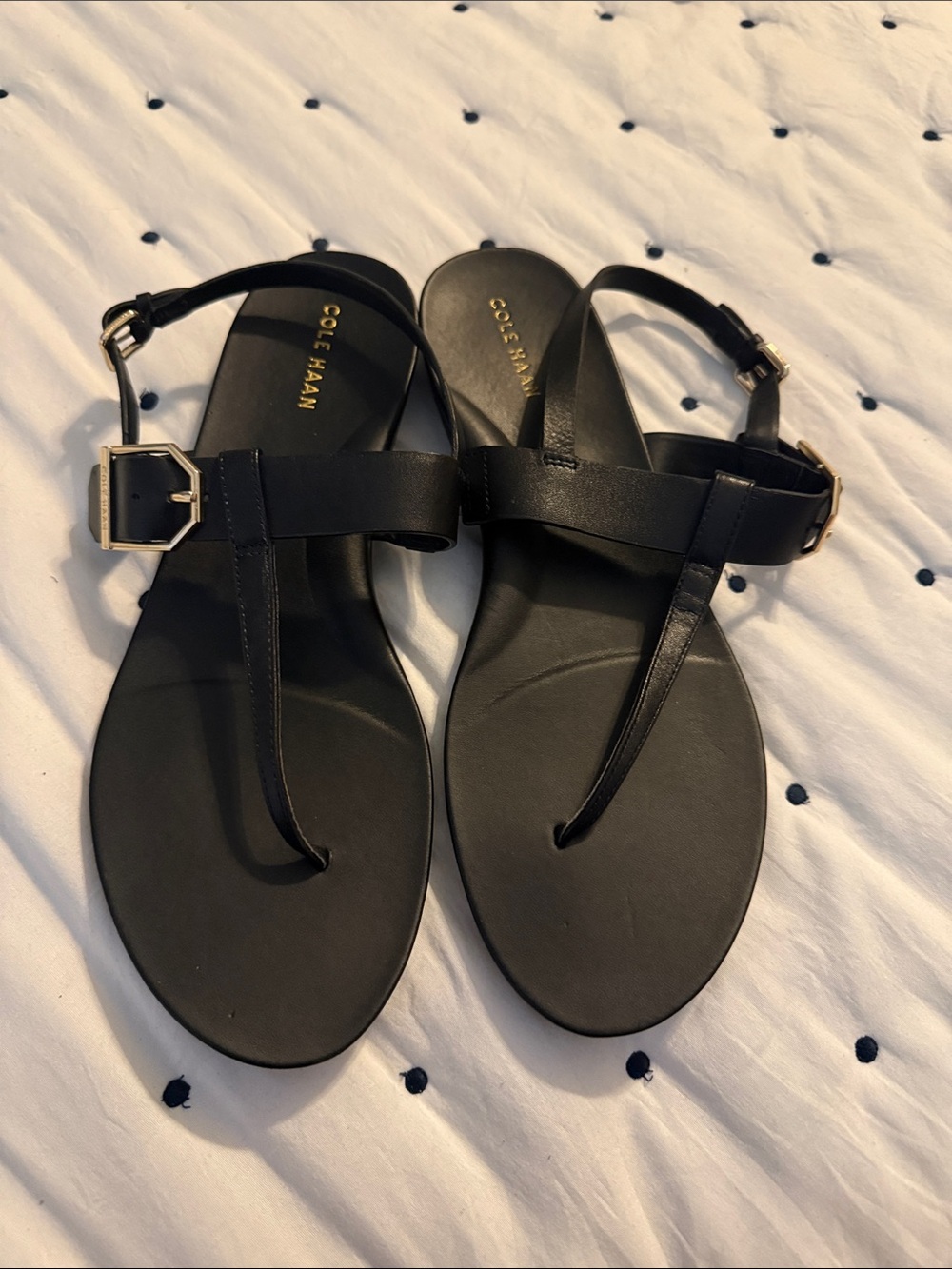 Cole Haan Black Leather T-Strap Sandals with Gold Buckles